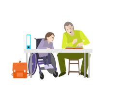 Ein mann sitzt mit einem Schul-Kind im Rollstuhl an einem Schreibtisch