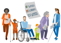 Menschen mit und ohne Behinderung unterschiedlichen Alters halten Zettel in der Hand. 