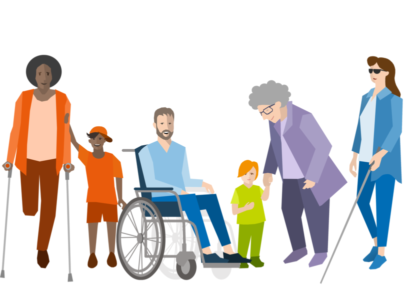 Man sieht Menschen mit und ohne Behinderung, eine Seniorin und Kinder