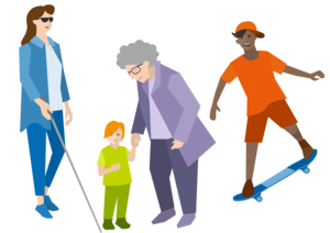 Die Illustration zeigt eine ältere Dame, die ein Kind an der Hand hält, einen Jungen auf dem Skateboard und eine Frau, die einen Blindenstock in der Hand hält