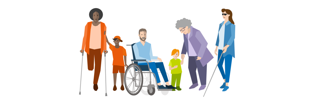 Auf dem Bild sind Menschen mit und ohne Handicap, eine Seniorin und Kinder zu sehen