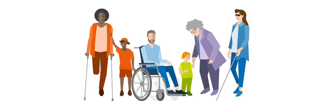 Auf dem Bild sind Menschen mit und ohne Handicap, eine Seniorin und Kinder zu sehen