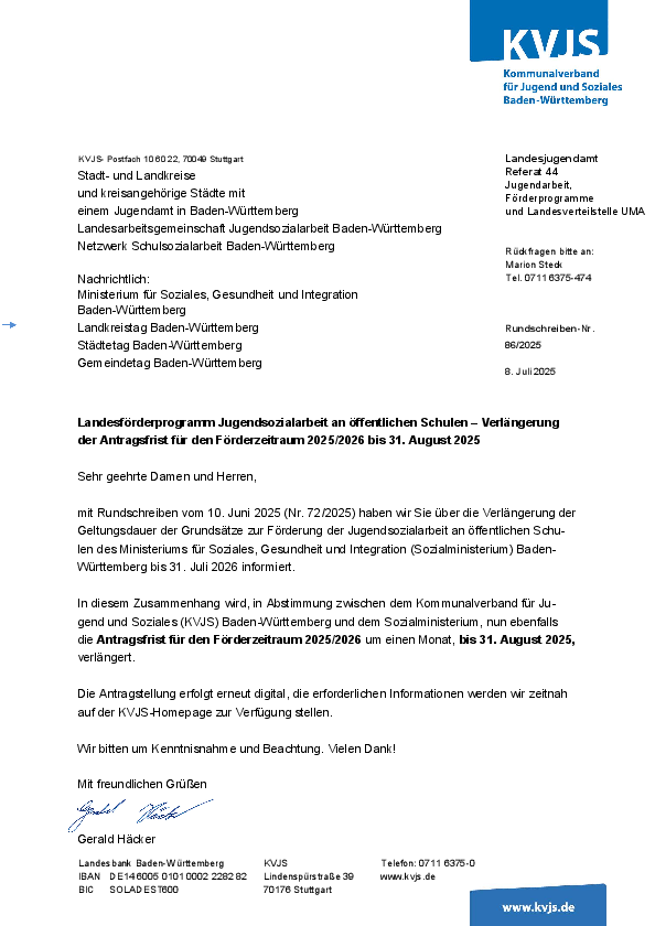 Landesförderprogramm Jugendsozialarbeit an öffentlichen Schulen – Verlängerung der Antragsfrist für den Förderzeitraum 2025/2026 bis 31. August 2025
