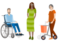 Illustration, ein Mann im Rollstuhl, eine blinde Frau, eine alte Frau