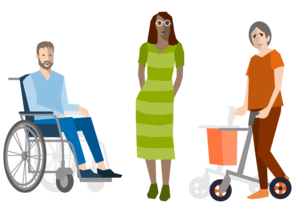 Ein Mann im Rollstuhl, eine stehende Frau und eine Dame mit dem Rolllator
