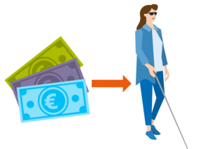 Geldscheine von denen aus ein Pfeil auf eine Frau mit Blindenstock zeigt